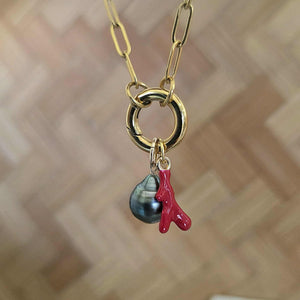 READY TO SHIP Civa Fiji Pearl Necklace with Red Coral Charm - Gold Plated over Stainless Steel FJD$