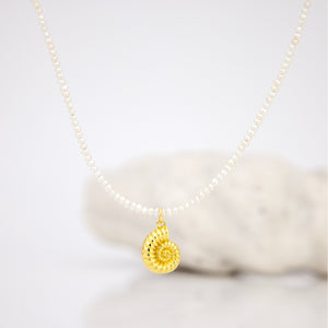 READY TO SHIP Freshwater Pearl Necklace with Nautilus Shell Charm - Gold Plated over Stainless Steel FJD$