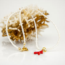 Load image into Gallery viewer, READY TO SHIP Freshwater Pearl Necklace with Coral Charm - Gold Plated over Stainless Steel FJD$
