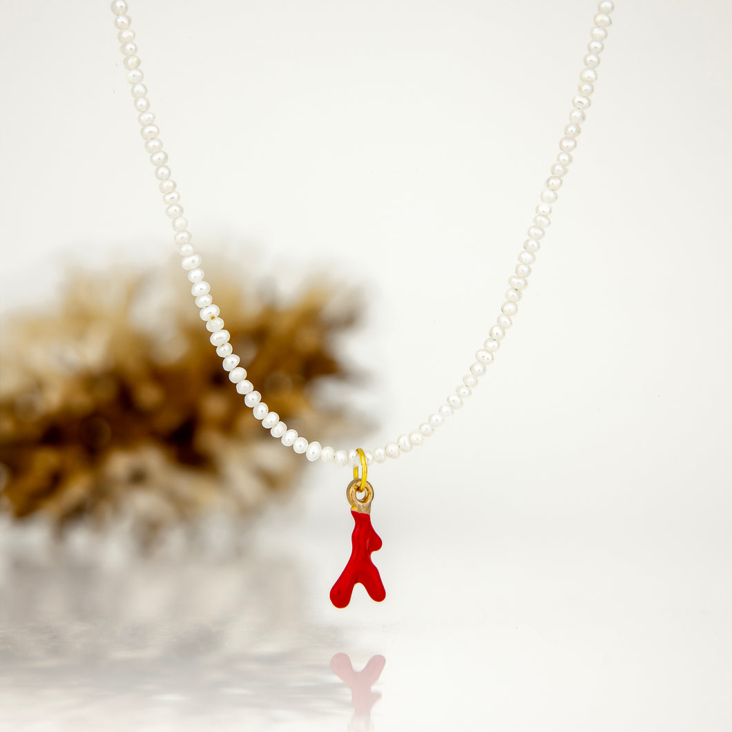 READY TO SHIP Freshwater Pearl Necklace with Coral Charm - Gold Plated over Stainless Steel FJD$