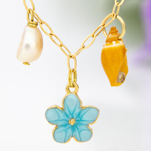 READY TO SHIP Freshwater Pearl, Shell & Charm Necklace - Gold Plated FJD$