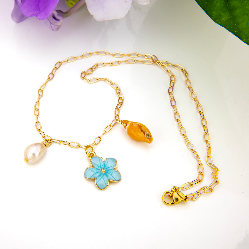 READY TO SHIP Freshwater Pearl, Shell & Charm Necklace - Gold Plated FJD$