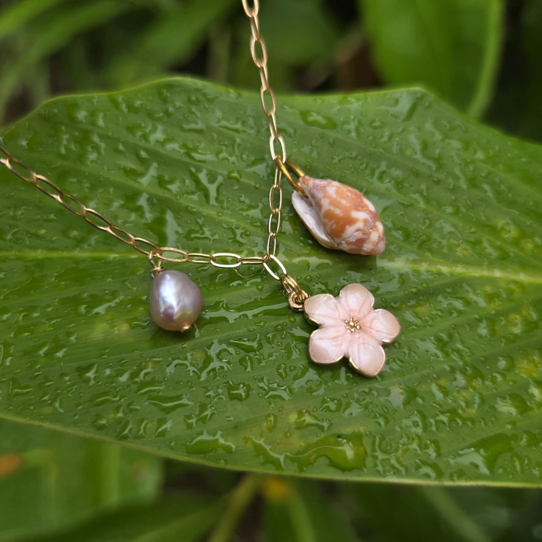 READY TO SHIP Freshwater Pearl, Shell & Charm Necklace - Gold Plated FJD$