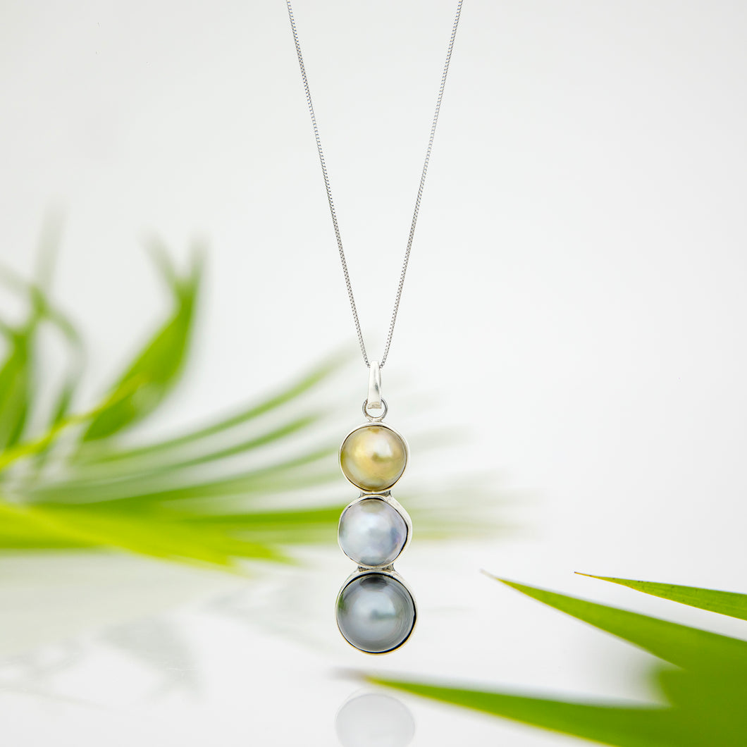 READY TO SHIP Civa Fiji Bezel Set Pearl Trio Necklace - 925 Sterling Silver FJD$
