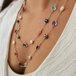 READY TO SHIP Bezel Set Semi Precious Stone & Freshwater Pearl Necklace Strand - 925 Sterling Silver FJD$
