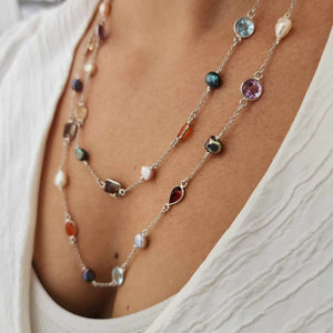 READY TO SHIP Bezel Set Semi Precious Stone & Freshwater Pearl Necklace Strand - 925 Sterling Silver FJD$