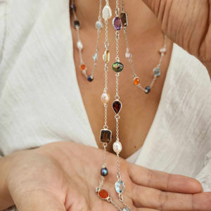 READY TO SHIP Bezel Set Semi Precious Stone & Freshwater Pearl Necklace Strand - 925 Sterling Silver FJD$