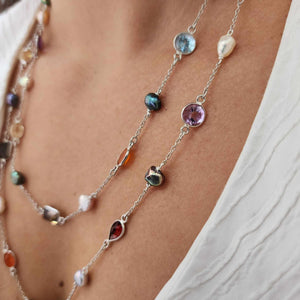 READY TO SHIP Bezel Set Semi Precious Stone & Freshwater Pearl Necklace Strand - 925 Sterling Silver FJD$