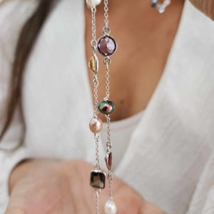 READY TO SHIP Bezel Set Semi Precious Stone & Freshwater Pearl Necklace Strand - 925 Sterling Silver FJD$