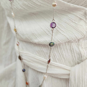 READY TO SHIP Bezel Set Semi Precious Stone & Freshwater Pearl Necklace Strand - 925 Sterling Silver FJD$