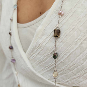 READY TO SHIP Bezel Set Semi Precious Stone & Freshwater Pearl Necklace Strand - 925 Sterling Silver FJD$