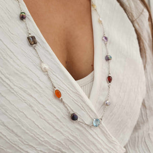 READY TO SHIP Bezel Set Semi Precious Stone & Freshwater Pearl Necklace Strand - 925 Sterling Silver FJD$