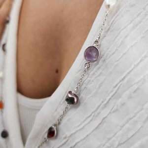 READY TO SHIP Bezel Set Semi Precious Stone & Freshwater Pearl Necklace Strand - 925 Sterling Silver FJD$