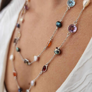 READY TO SHIP Bezel Set Semi Precious Stone & Freshwater Pearl Necklace Strand - 925 Sterling Silver FJD$