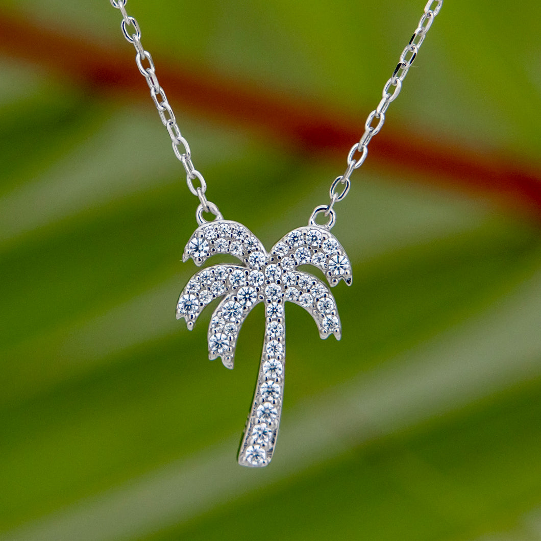 READY TO SHIP Palm Tree Necklace with Cz Stone Detail - 925 Sterling Silver FJD$