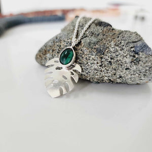 READY TO SHIP Bezel Set Precious Stone Monstera Necklace - 925 Sterling Silver FJD$