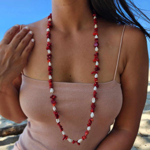 READY TO SHIP Red Coral & Shell Necklace - 925 Sterling Silver FJD$