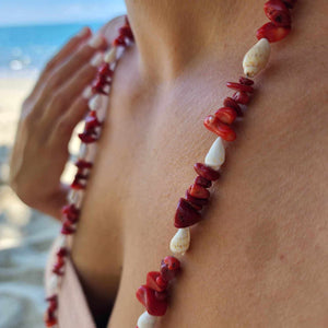 READY TO SHIP Red Coral & Shell Necklace - 925 Sterling Silver FJD$
