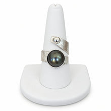 Load image into Gallery viewer, Sterling Silver ring with a bezel set dark pearl and twist detail on a white background
