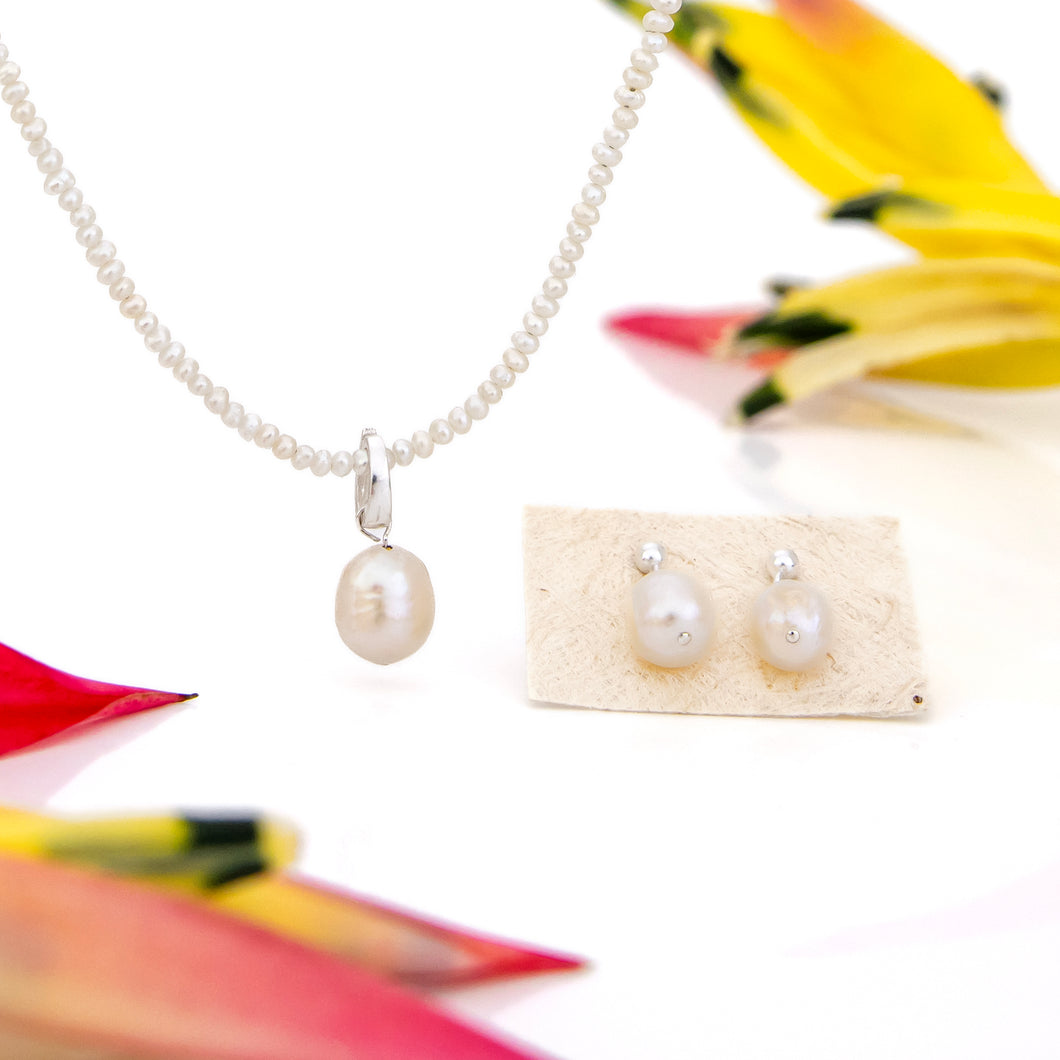 READY TO SHIP Freshwater Pearl Necklace & Earring Set - 925 Sterling Silver FJD$