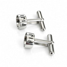 Load image into Gallery viewer, A pair of silver-toned metal cufflinks engraved with the word 'FIJI' on the circular front, displayed on a clean white background.
