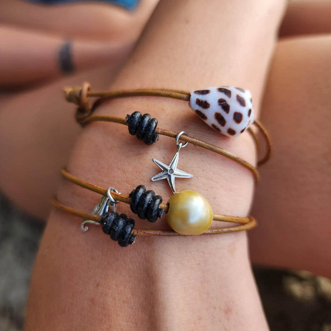 READY TO SHIP Fiji Pearl, Starfish & Seahorse Charm Real Leather Multi-way Bracelet / Necklace - FJD$ - Adorn Pacific - All Products