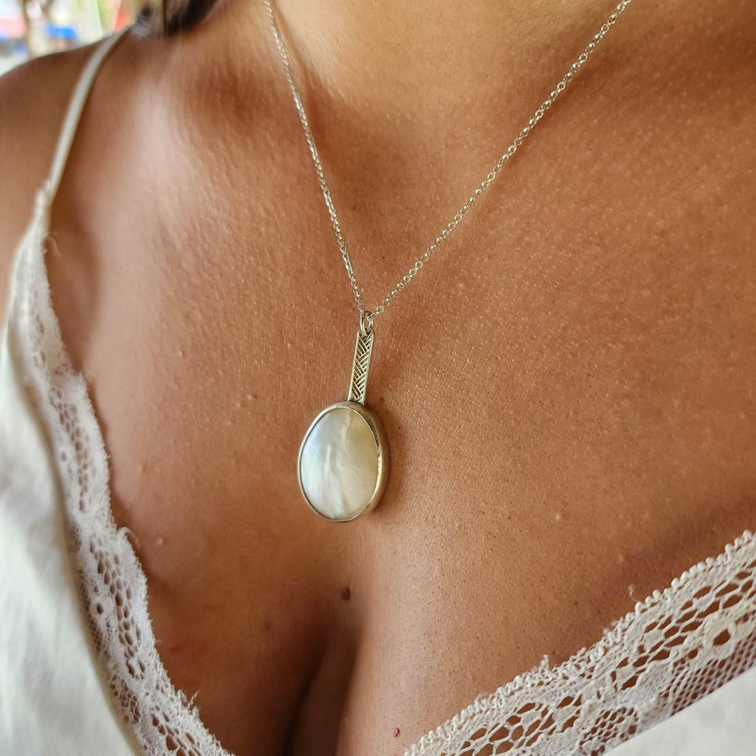READY TO SHIP Bezel set Mother of Pearl Necklace with Pasifika detail- 925 Sterling Silver FJD$ - Adorn Pacific - All Products