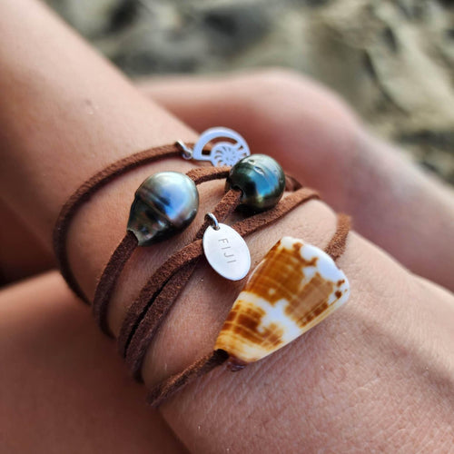 READY TO SHIP Fiji Pearl & Nautilus Charm Faux Suede Leather Multi-way Bracelet / Necklace - FJD$ - Adorn Pacific - All Products