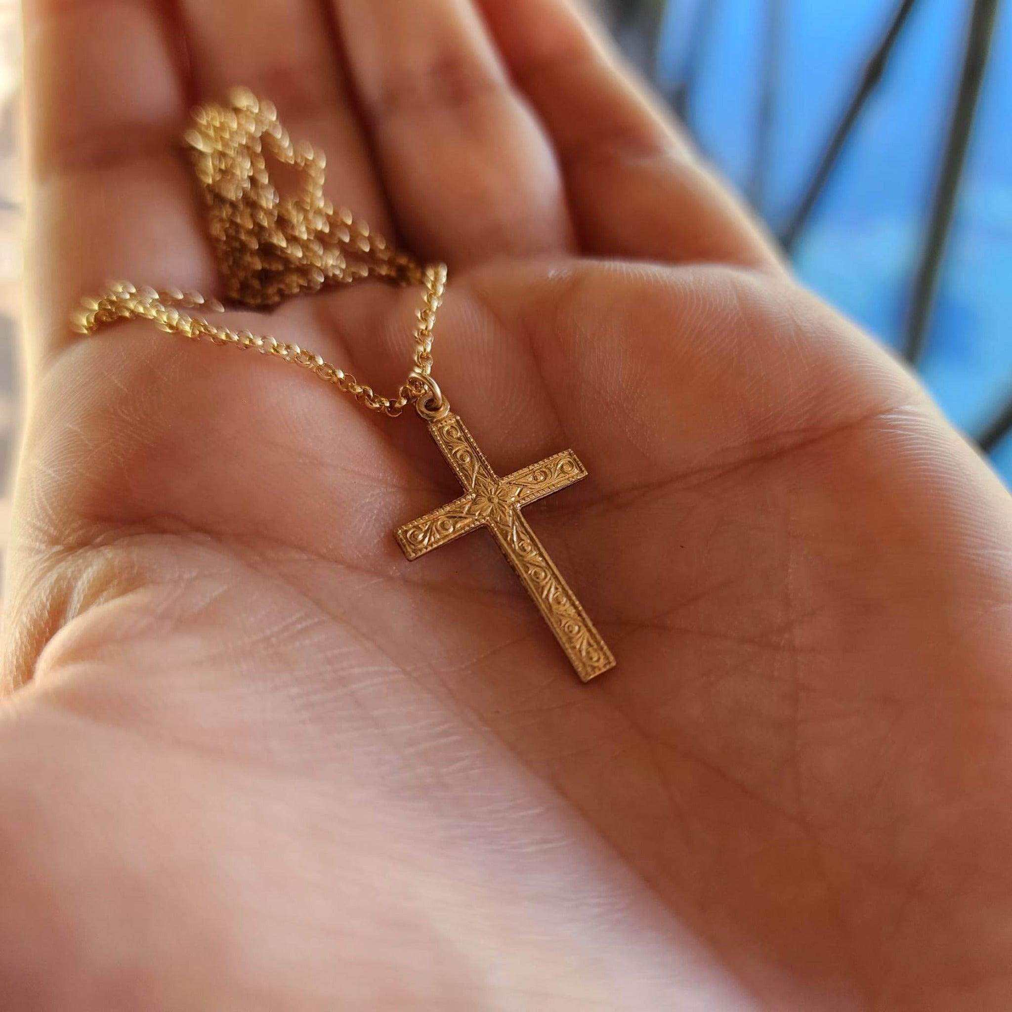 14K Gold Filled CZ Cross Necklace - Figaro Chain, Crucifix Pendant For All Ages