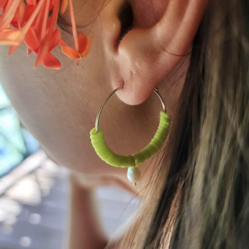 READY TO SHIP Polymer Clay Bead Hoop Earrings with Freshwater Pearls - 925 Sterling Silver FJD$ - Adorn Pacific - Earrings