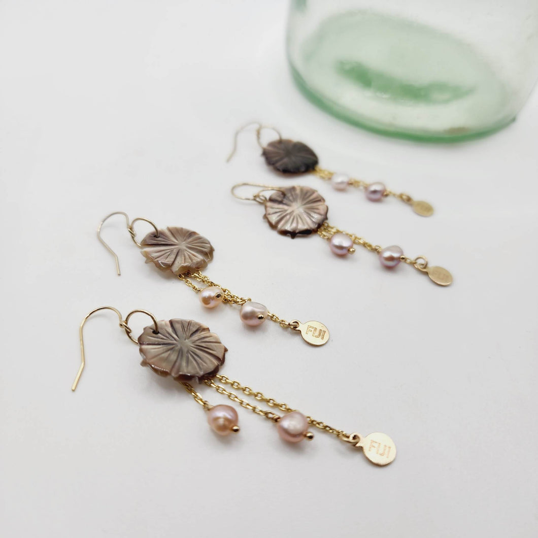 READY TO SHIP Mother of Pearl Drop Earrings with Freshwater Pearls in 14k Gold Fill - FJD$