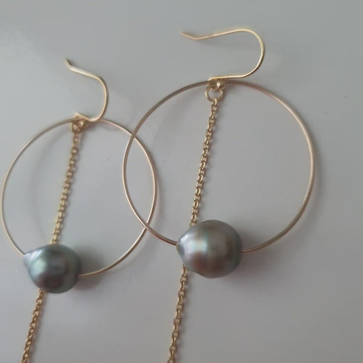 Hoop Earrings with Fiji Pearls and Chain - 14k Gold Filled