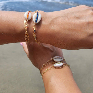CHOOSE A COLOUR Cowrie Shell & Glass Bead Double Chain Bracelet in 14k Gold Fill - FJD$ - Adorn Pacific - All Products