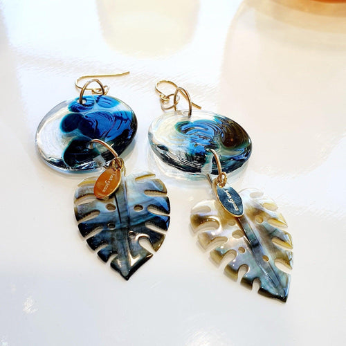 CONTACT US TO RECREATE THIS SOLD OUT STYLE Adorn Pacific x Hot Glass Monstera Carved Oyster Shell Earrings - 925 Sterling Silver or 14k Gold Filled FJD$ - Adorn Pacific - Earrings
