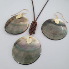 Load image into Gallery viewer, CONTACT US TO RECREATE THIS SOLD OUT STYLE Carved Oyster Shell Disc Earrings and Necklace Set - Brown Wax Cord &amp; 14k Gold Fill FJD$ - Adorn Pacific - Jewelry Sets
