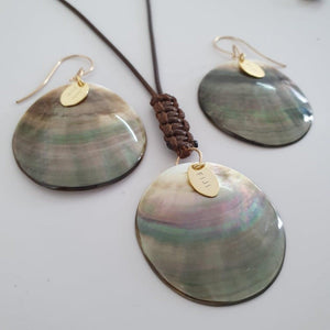 CONTACT US TO RECREATE THIS SOLD OUT STYLE Carved Oyster Shell Disc Earrings and Necklace Set - Brown Wax Cord & 14k Gold Fill FJD$ - Adorn Pacific - Jewelry Sets