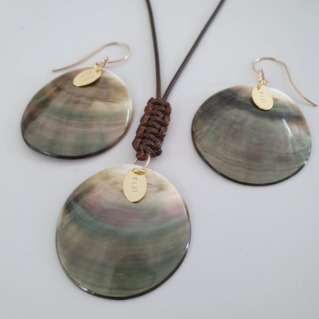 CONTACT US TO RECREATE THIS SOLD OUT STYLE Carved Oyster Shell Disc Earrings and Necklace Set - Brown Wax Cord & 14k Gold Fill FJD$ - Adorn Pacific - Jewelry Sets
