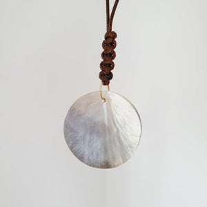 CONTACT US TO RECREATE THIS SOLD OUT STYLE Carved Oyster Shell Disc Necklace - Brown Wax Cord FJD$ - Adorn Pacific - Necklaces