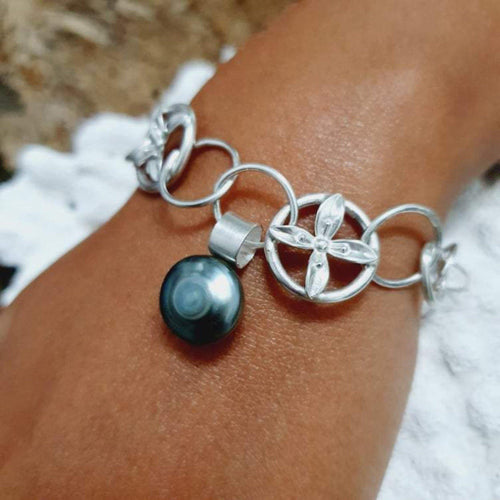 CONTACT US TO RECREATE THIS SOLD OUT STYLE Chunky Bracelet with Frangipani details & Fiji Saltwater Pearl in 925 Sterling Silver - FJD$ - Adorn Pacific - Bracelets