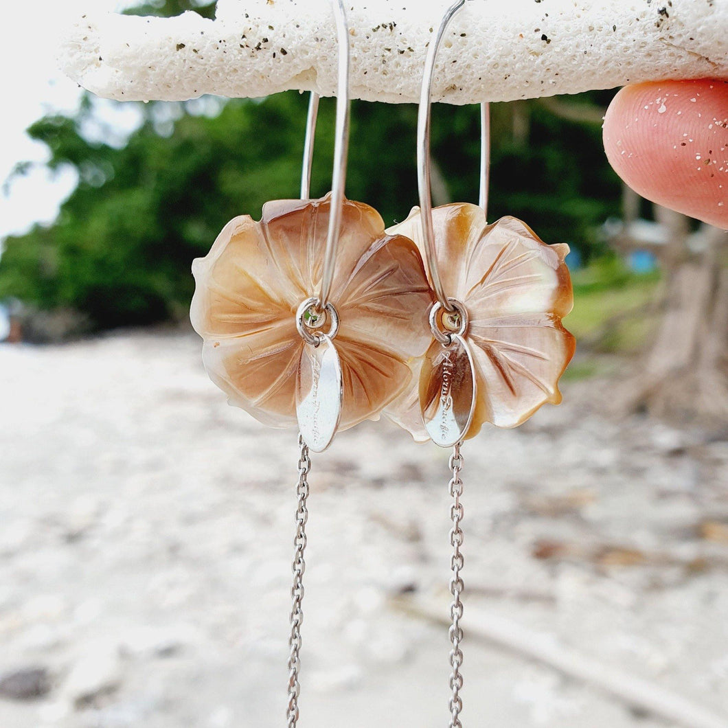 CONTACT US TO RECREATE THIS SOLD OUT STYLE Fiji Mother of Pearl Hibiscus Hoop and Chain Earrings - 925 Sterling Silver FJD$ - Adorn Pacific - Earrings