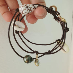 CONTACT US TO RECREATE THIS SOLD OUT STYLE Fiji Pearl & Shell Chocolate Brown Leather Multi-way Bracelet / Necklace - FJD$ - Adorn Pacific - Bracelets