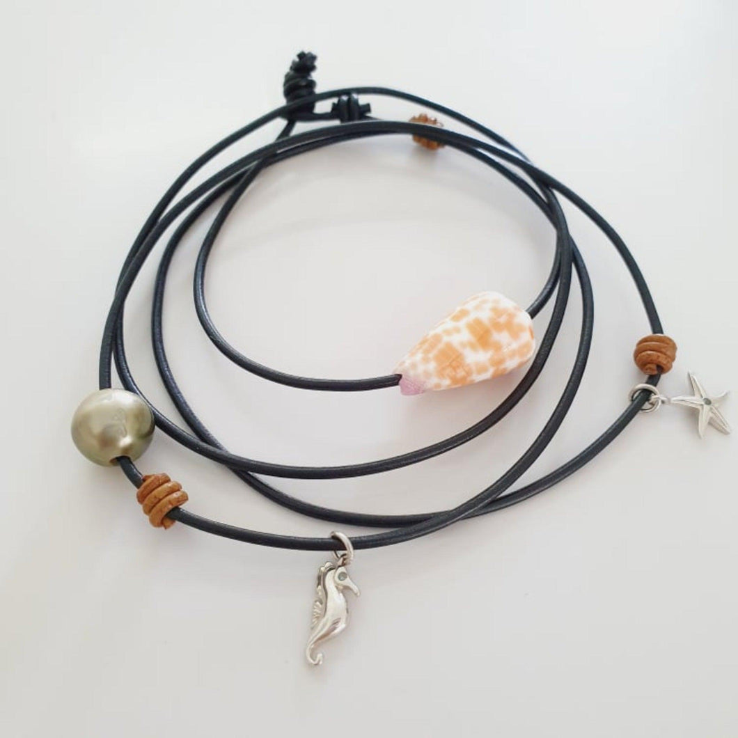 CONTACT US TO RECREATE THIS SOLD OUT STYLE Fiji Pearl, Starfish & Seahorse Charm Real Leather Multi-way Bracelet / Necklace - FJD$ - Adorn Pacific - Bracelets