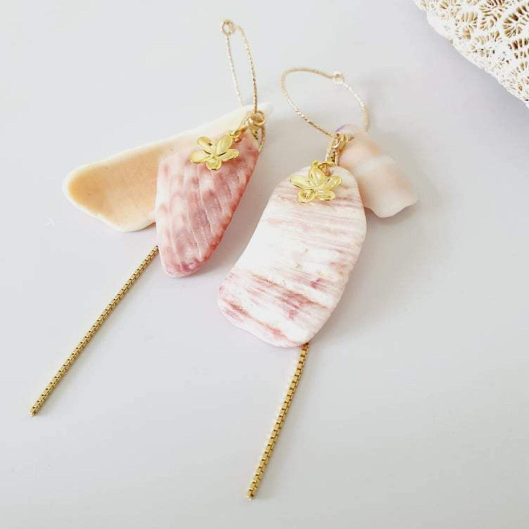 CONTACT US TO RECREATE THIS SOLD OUT STYLE Frangipani & Tumbled Shell Earrings with chain detail - 14k Gold Filled FJD$ - Adorn Pacific - Earrings