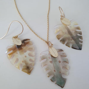 CONTACT US TO RECREATE THIS SOLD OUT STYLE Monstera Carved Oyster Shell Earrings and Necklace Set - 14k Gold Fill or 925 Sterling Silver FJD$ - Adorn Pacific - Earrings