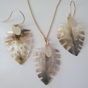 CONTACT US TO RECREATE THIS SOLD OUT STYLE Monstera Carved Oyster Shell Earrings and Necklace Set - 14k Gold Fill or 925 Sterling Silver FJD$ - Adorn Pacific - Earrings