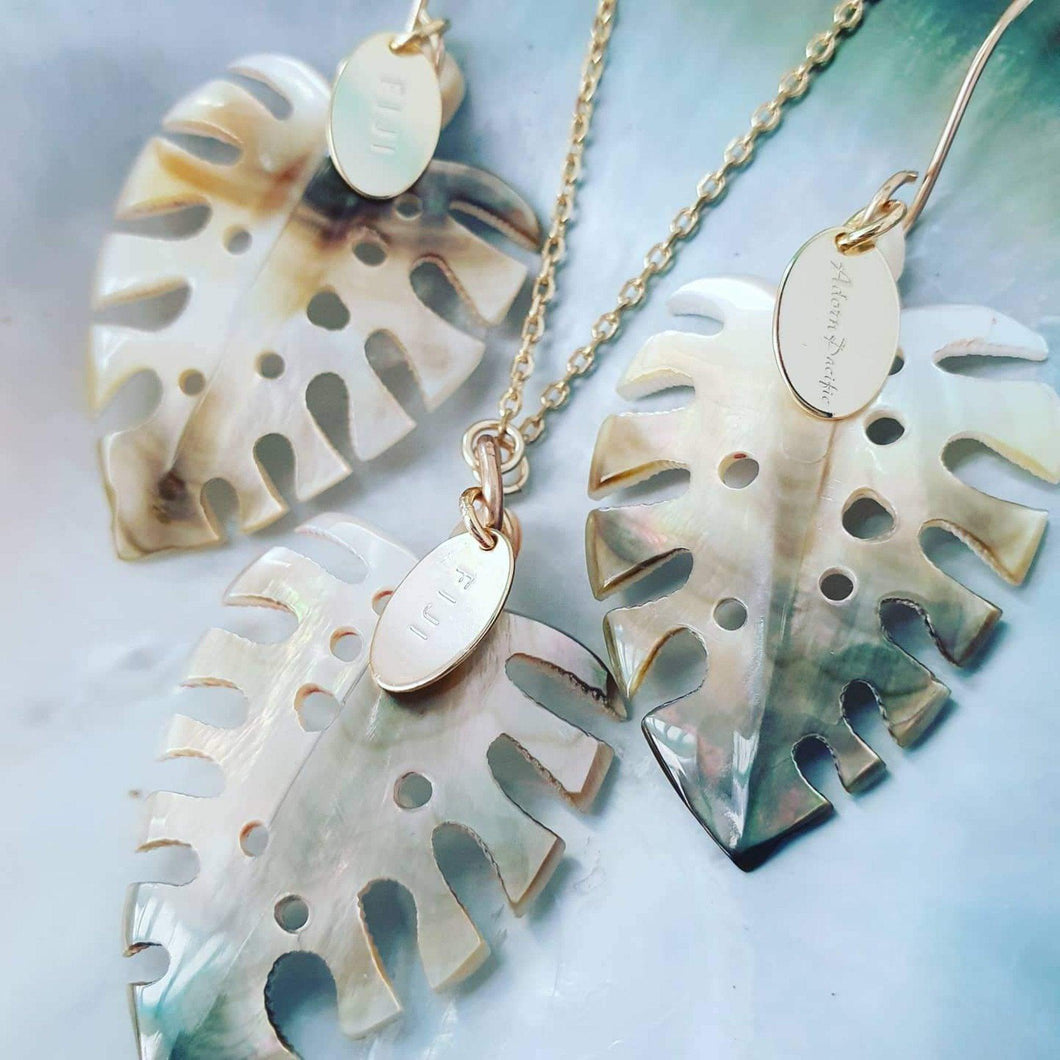 CONTACT US TO RECREATE THIS SOLD OUT STYLE Monstera Carved Oyster Shell Earrings and Necklace Set - 14k Gold Fill or 925 Sterling Silver FJD$ - Adorn Pacific - Earrings