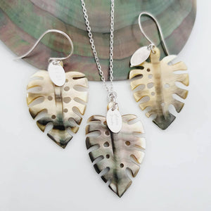 CONTACT US TO RECREATE THIS SOLD OUT STYLE Monstera Carved Oyster Shell Earrings and Necklace Set - 14k Gold Fill or 925 Sterling Silver FJD$ - Adorn Pacific - Earrings