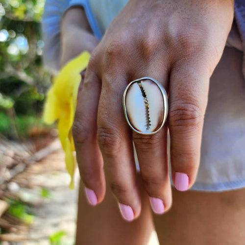 CONTACT US TO RECREATE THIS SOLD OUT STYLE Bezel Set Cowrie Shell Adjustable Ring with Senikau Band - 925 Sterling Silver FJD$ - Adorn Pacific - Rings