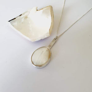 READY TO SHIP Bezel set Mother of Pearl Necklace with Pasifika detail- 925 Sterling Silver FJD$ - Adorn Pacific - All Products