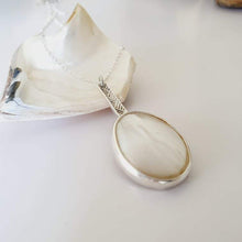 Load image into Gallery viewer, READY TO SHIP Bezel set Mother of Pearl Necklace with Pasifika detail- 925 Sterling Silver FJD$ - Adorn Pacific - All Products

